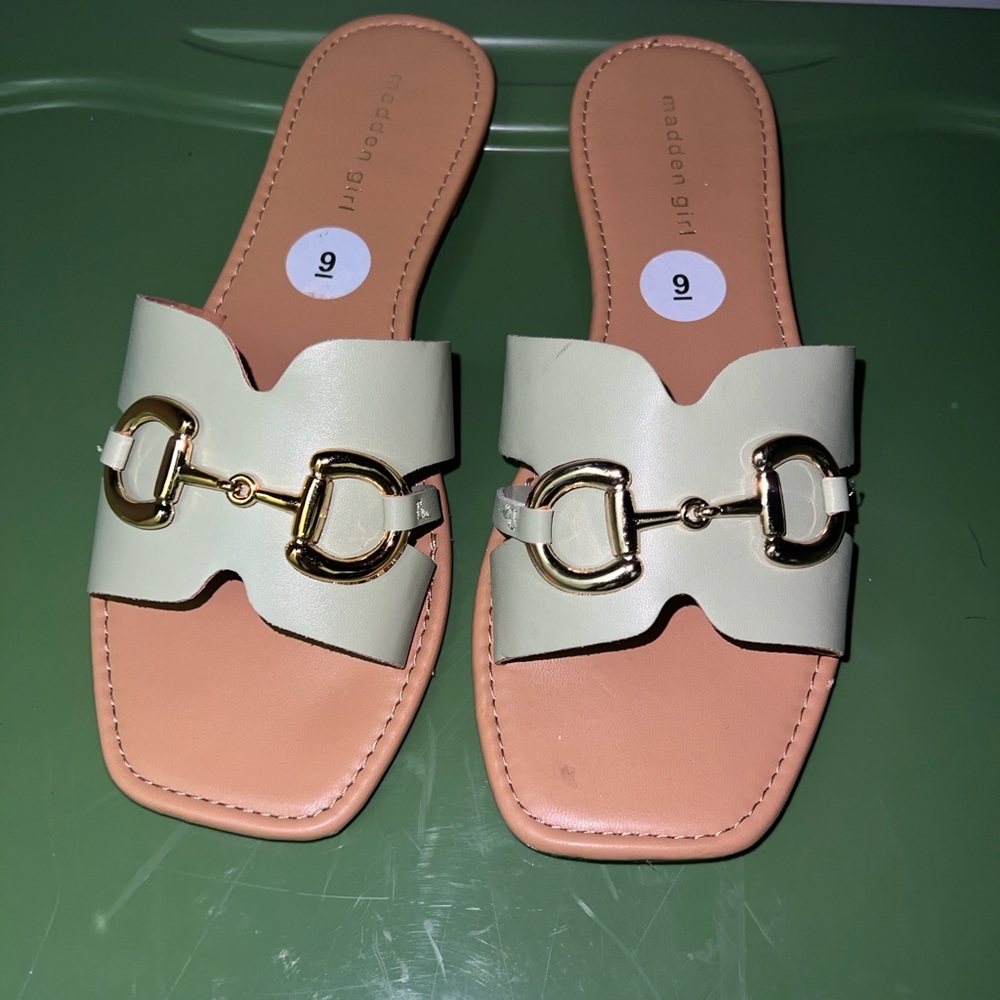 madden girl Cream Slip-On Slide Sandals with Gold Hardware - Size 9